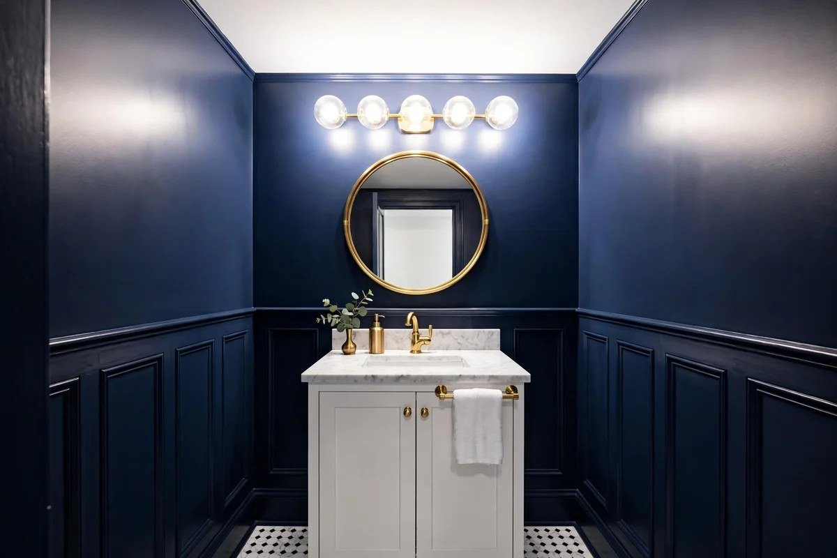 Small powder room with navy blue walls and white vanity