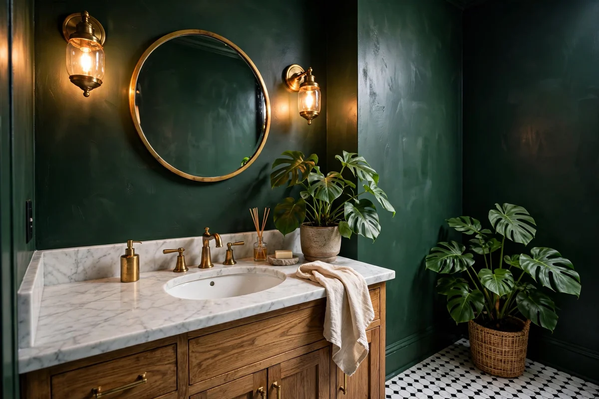Small bathroom with forest green walls and brass fixtures