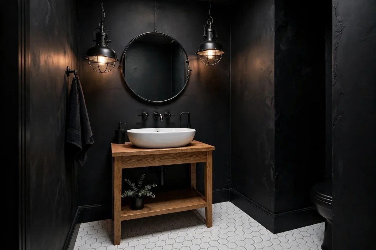 Dramatic small bathroom with charcoal walls and white fixtures