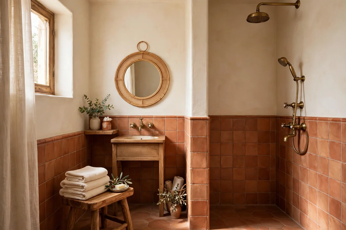Mediterranean small bathroom with terracotta tile and cream walls