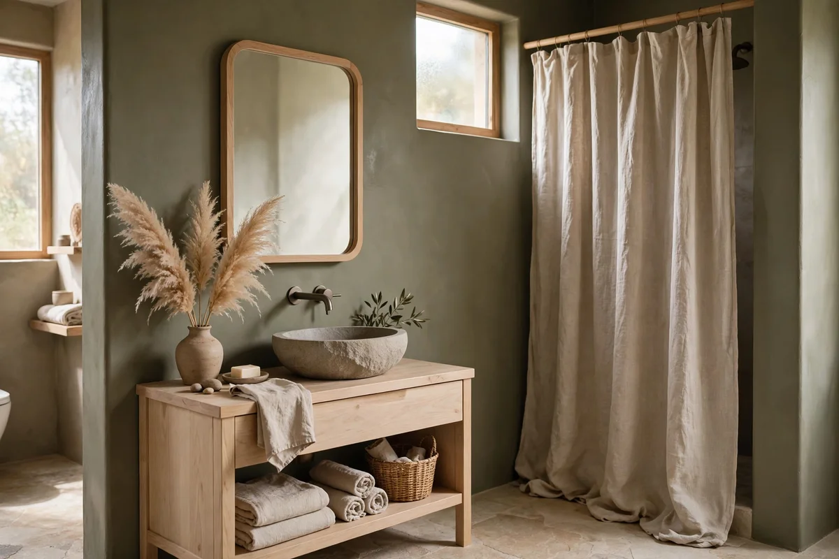 Earthy small bathroom with olive walls and linen textures