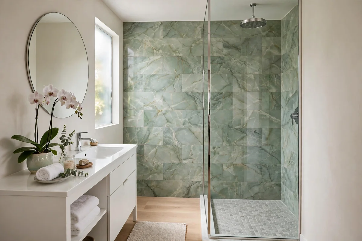 Luxurious small bathroom with eucalyptus marble accent wall