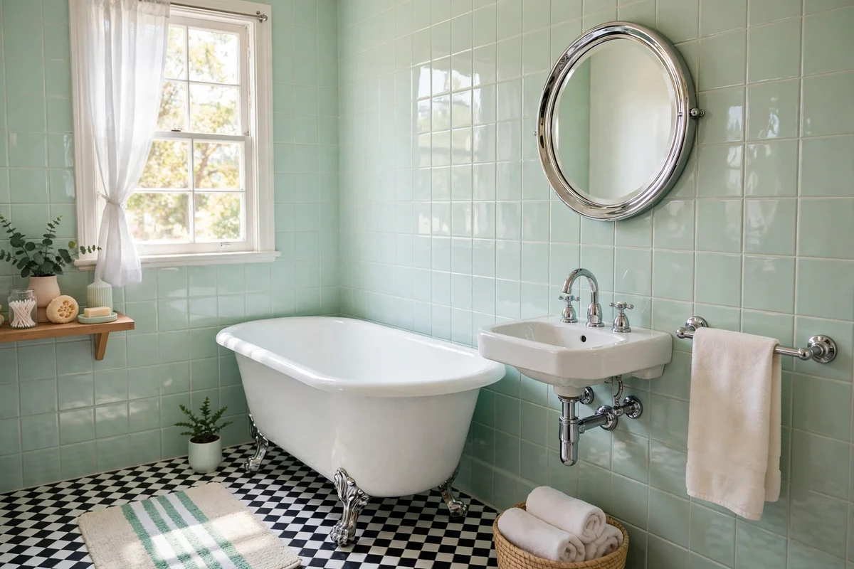 Retro small bathroom with pale mint tile and chrome fixtures