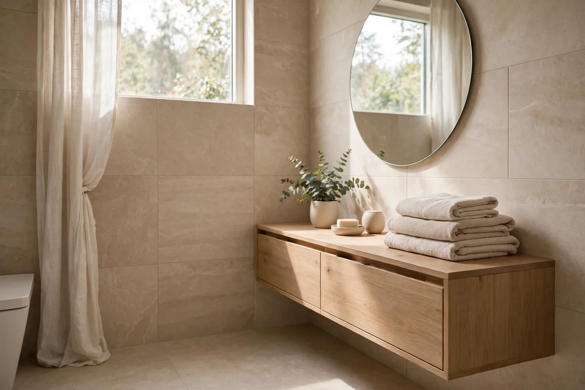 Scandinavian small bathroom in greige with oak floating vanity