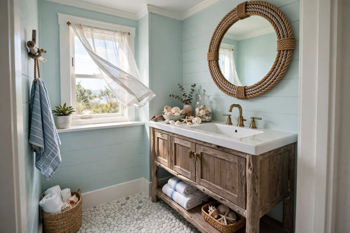 Beachy small bathroom with light aqua walls and driftwood vanity