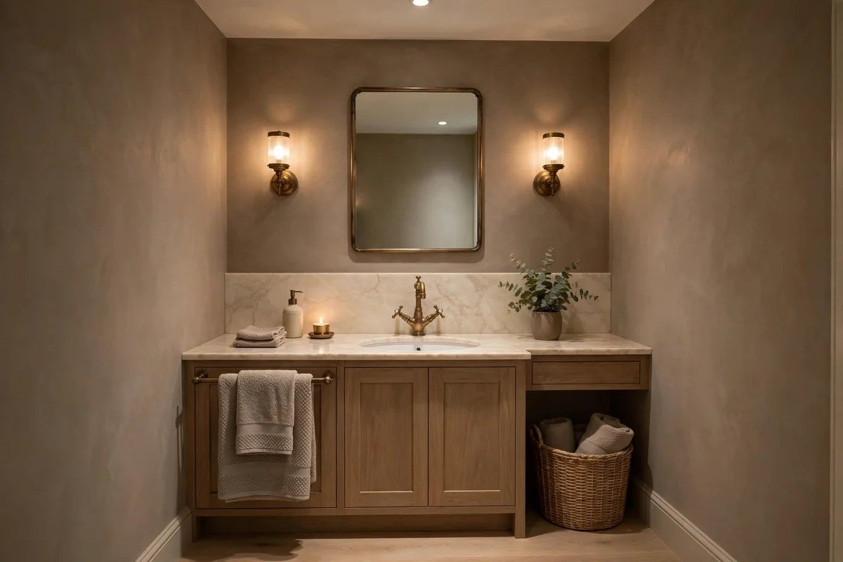 Elegant small bathroom with warm taupe walls and brass sconces