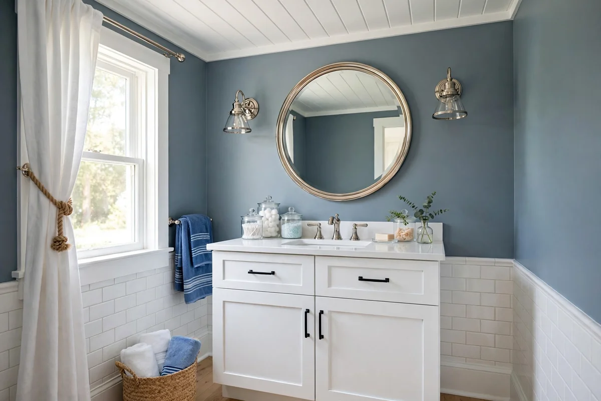 Nautical small bathroom with slate blue walls and white shiplap
