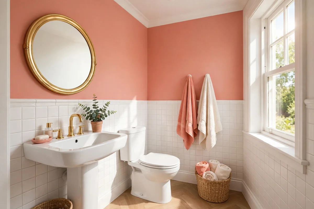 Cheerful small bathroom with coral accent wall and white tile