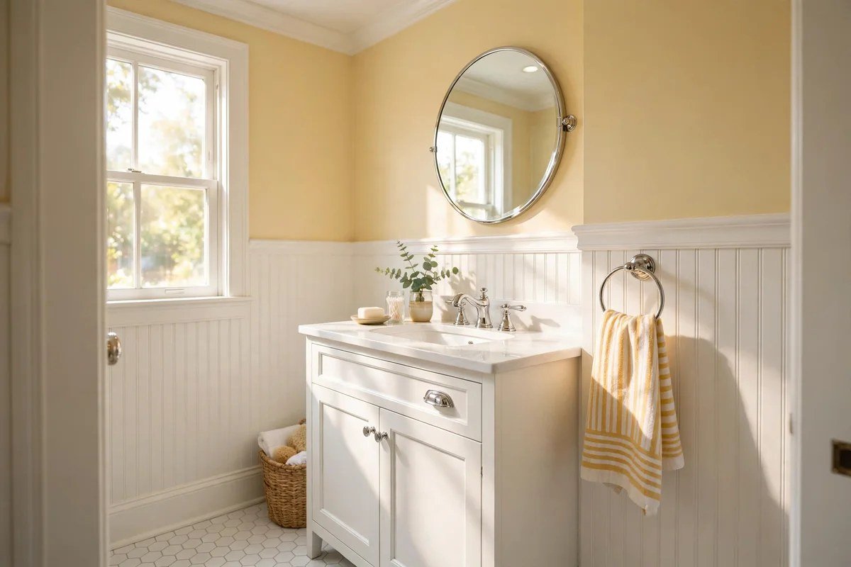 Sunny small bathroom with butter yellow walls and white beadboard