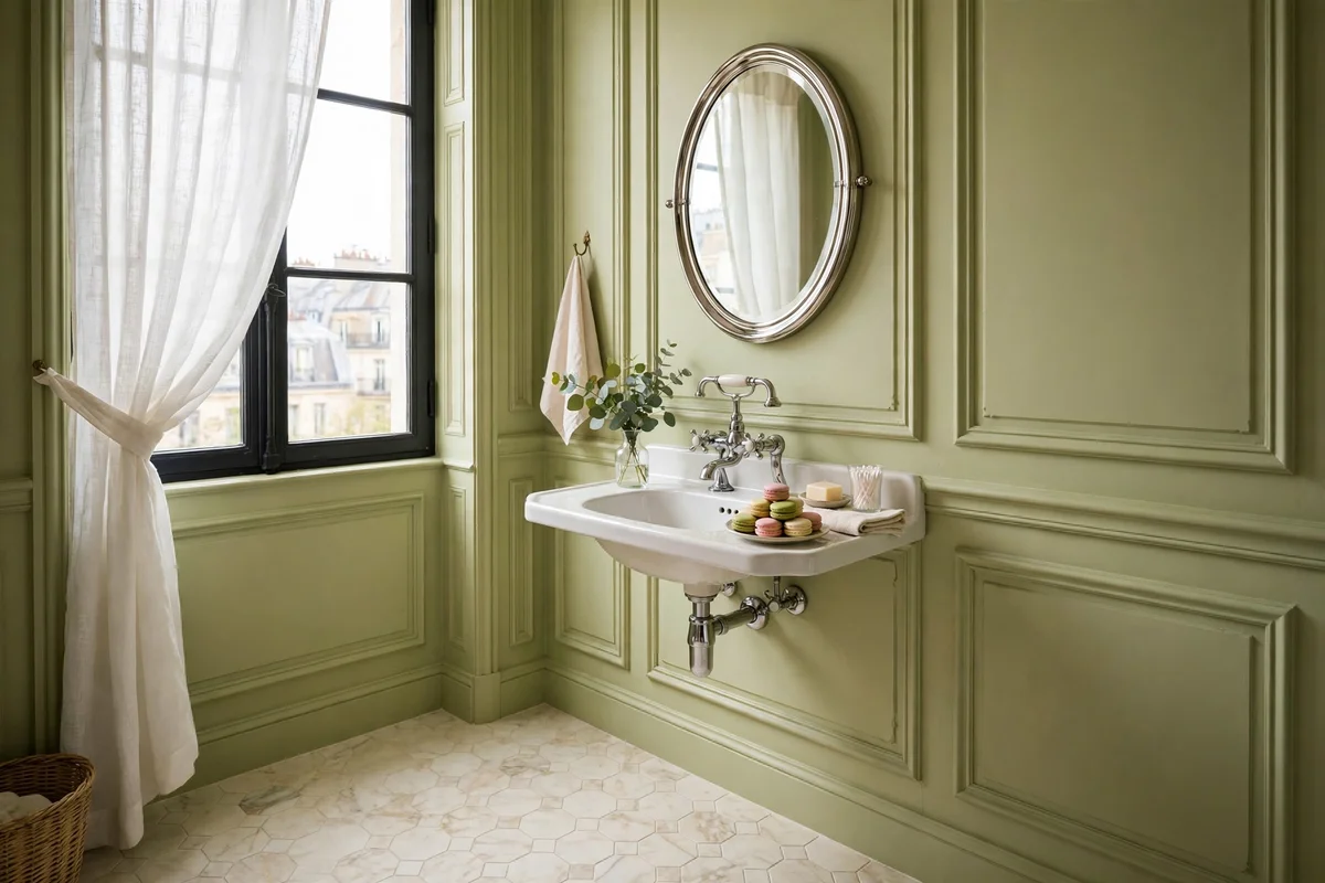 Parisian small bathroom with pistachio walls and cream tile