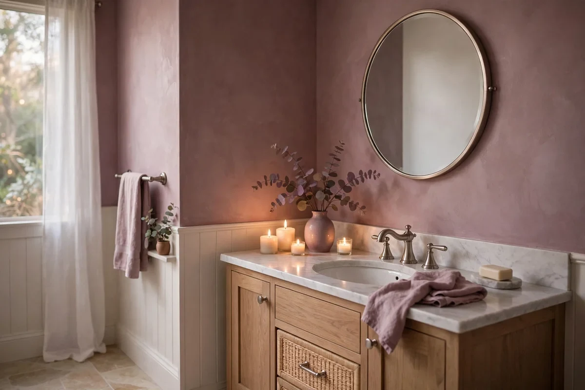 Romantic small bathroom with mauve walls and marble vanity