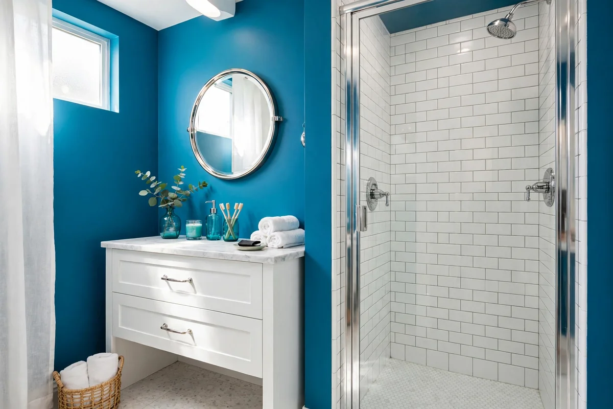 Bold small bathroom with teal walls and white subway tile