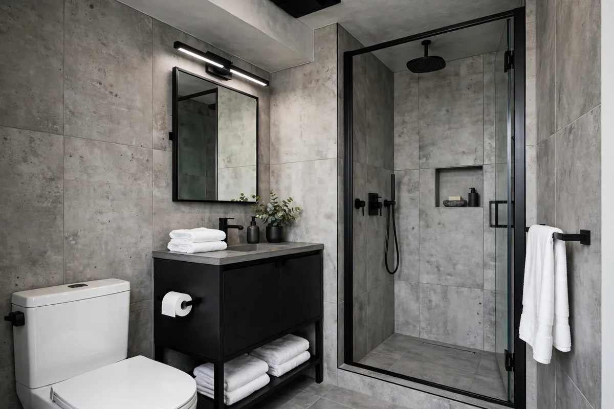 Industrial small bathroom with stone gray tile and black fixtures