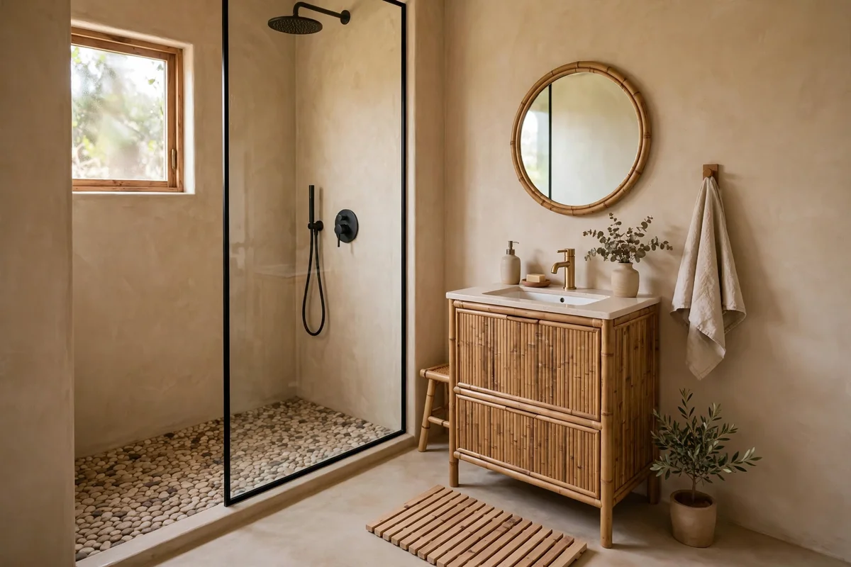 Japandi small bathroom in sand tones with bamboo vanity