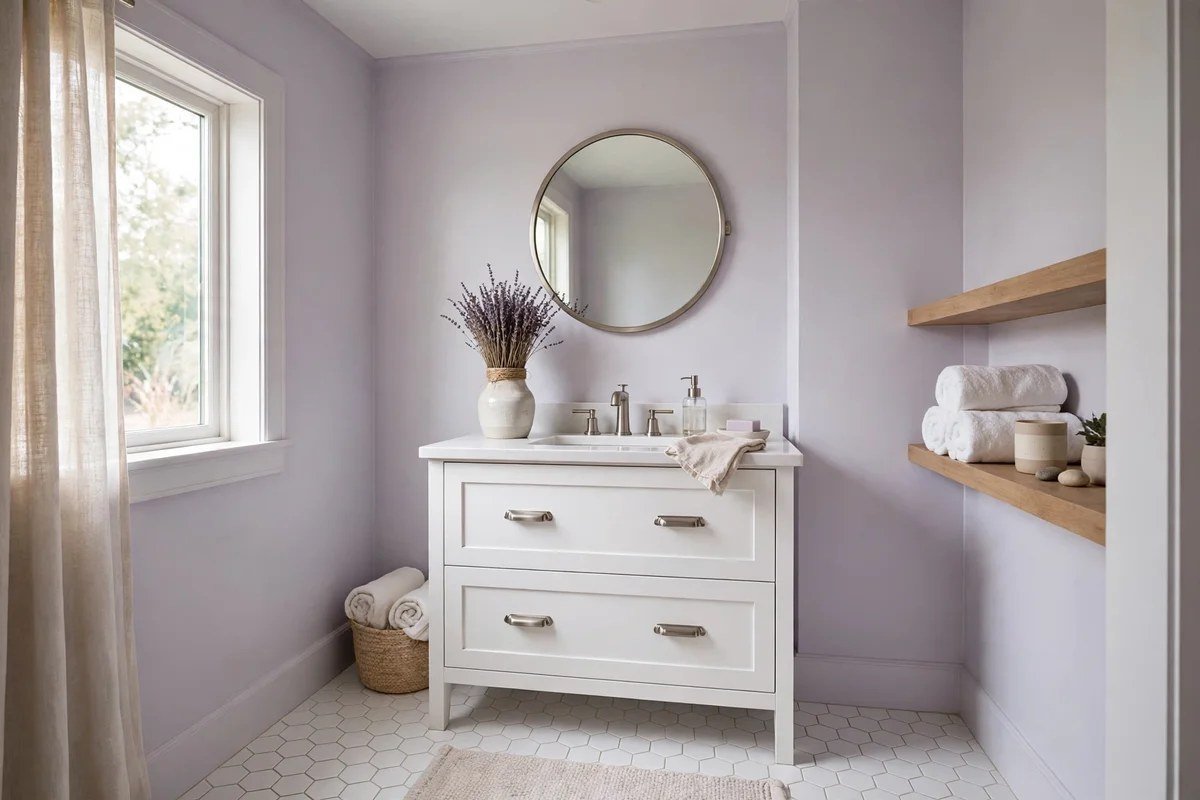 Serene small bathroom with lavender walls and white hex tile