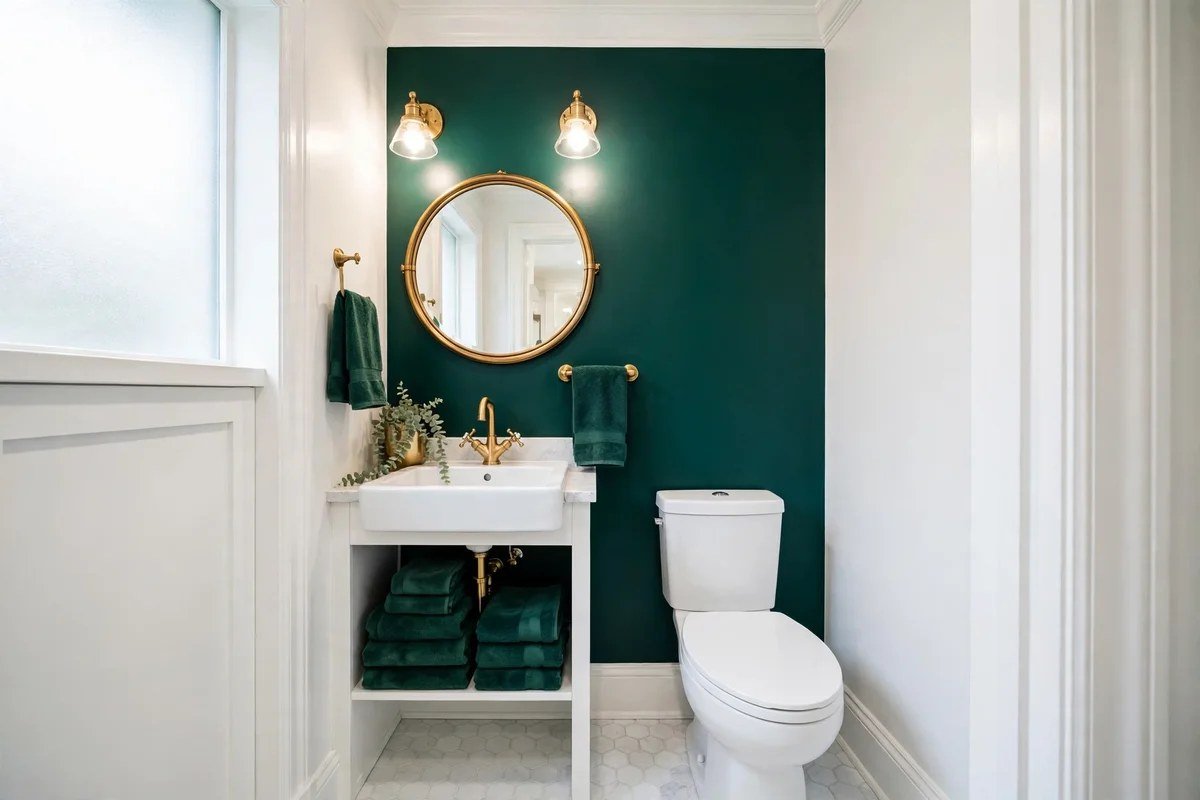Small bathroom with emerald green accent wall and white fixtures