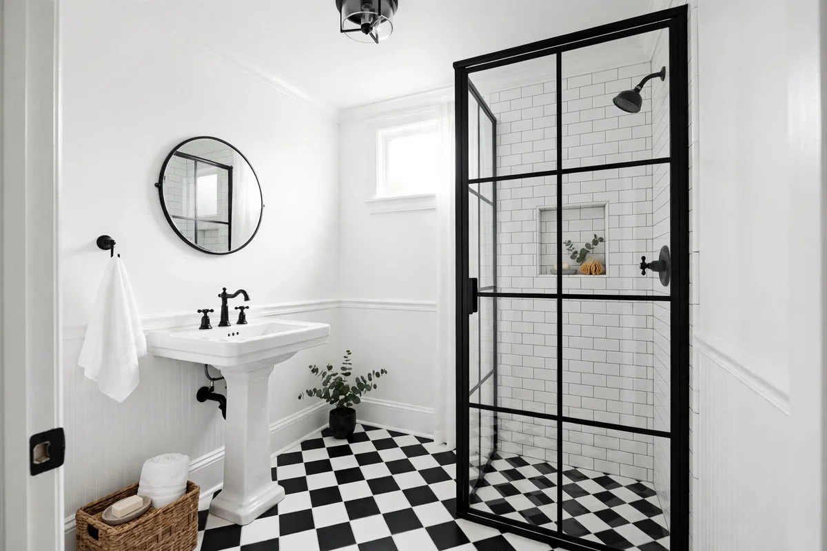 Classic small bathroom with black and white tile floor
