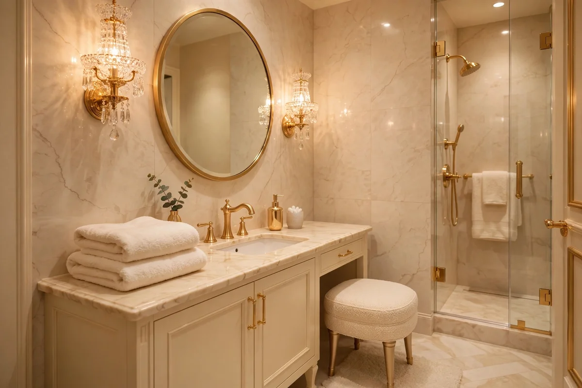 Glamorous small bathroom with champagne fixtures and cream marble