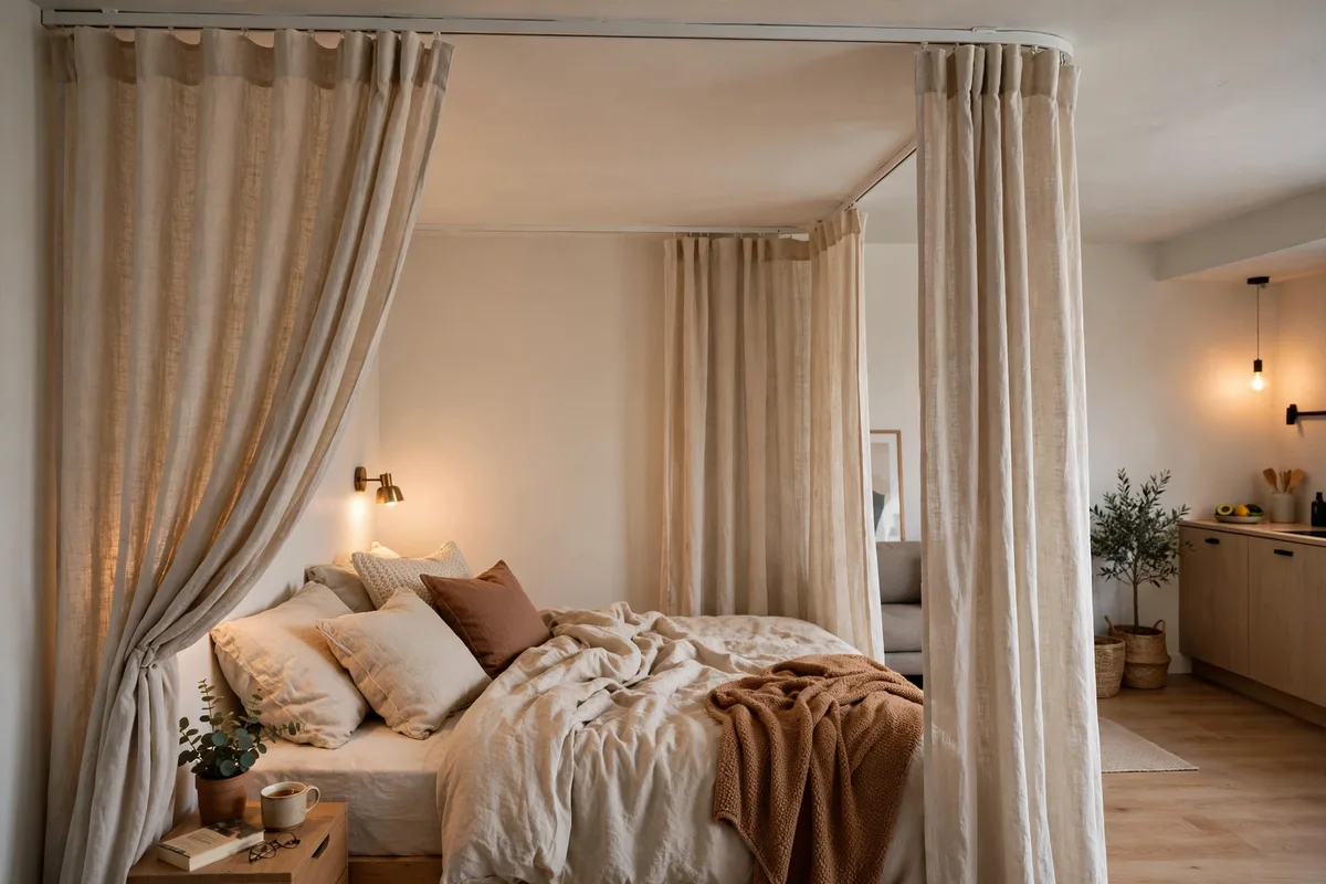 Ceiling-track linen curtains separating a bed in a studio apartment