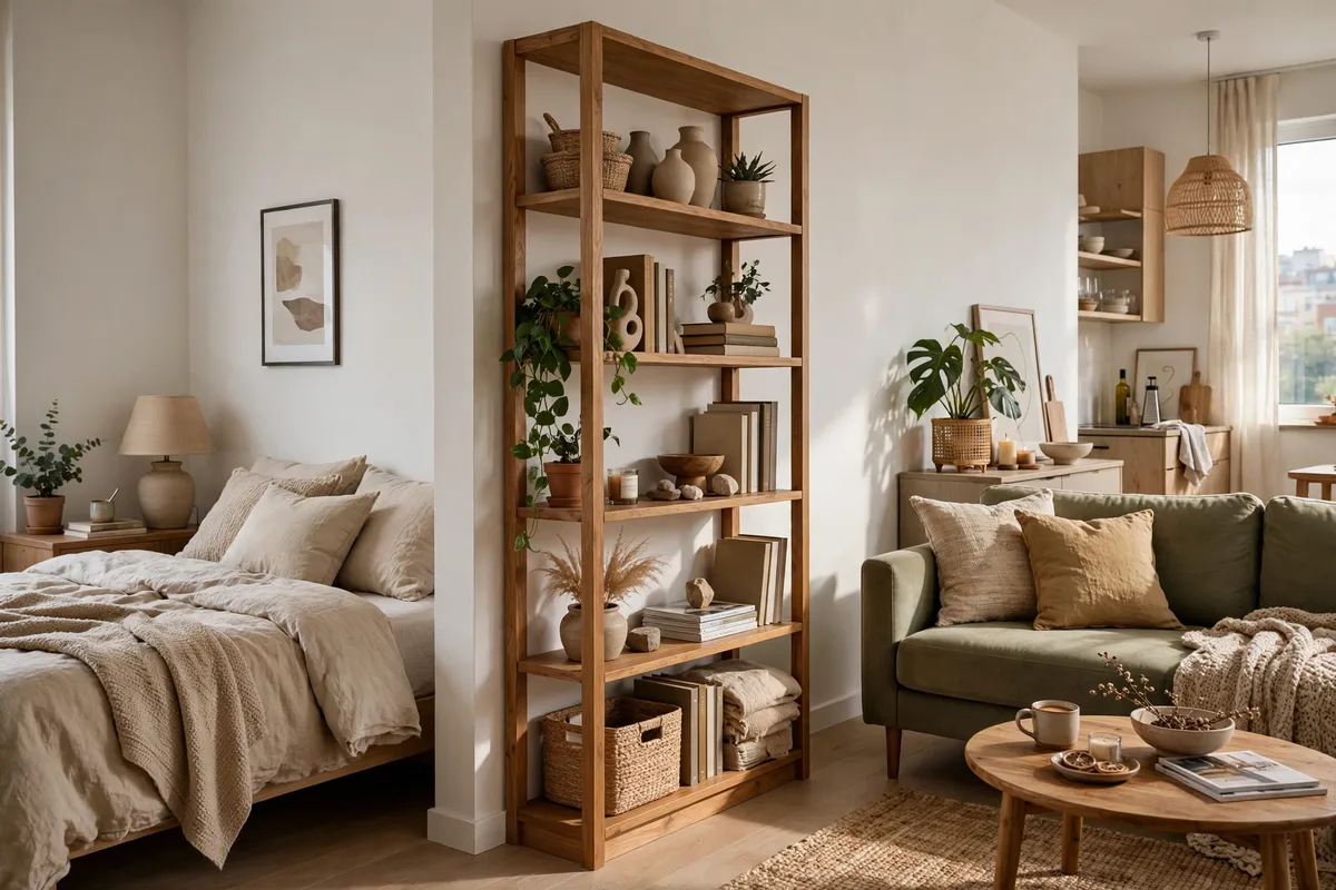KALLAX cube bookshelf used as a divider behind a bed in a studio apartment