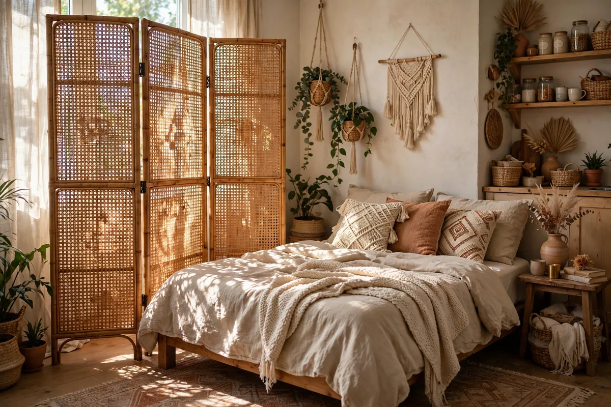 Rattan folding screen beside a bed creating a private corner in a studio apartment