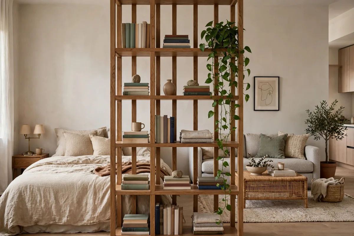 Open-back shelving unit dividing a bed zone from a living area in a studio