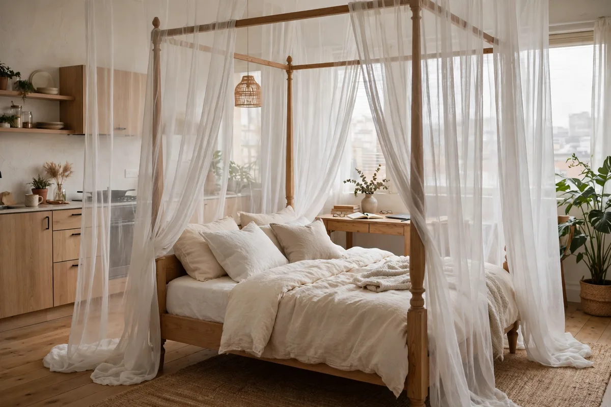 Canopy bed frame with curtains creating a private sleep zone in a studio apartment
