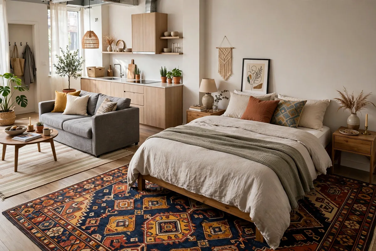 Large area rug visually zoning a bed area in a studio apartment
