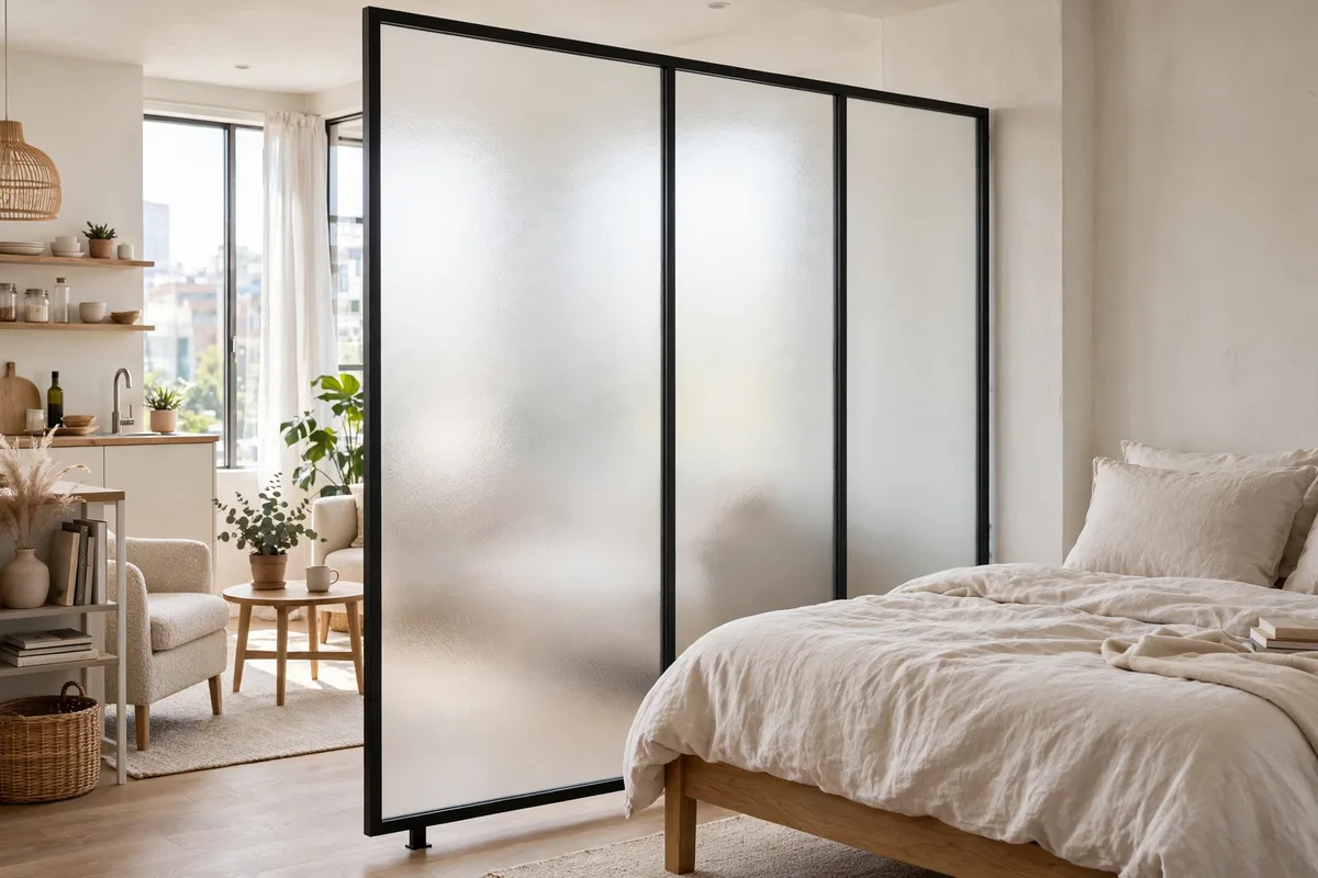 Frosted glass panel divider keeping light flowing beside a bed in a studio apartment