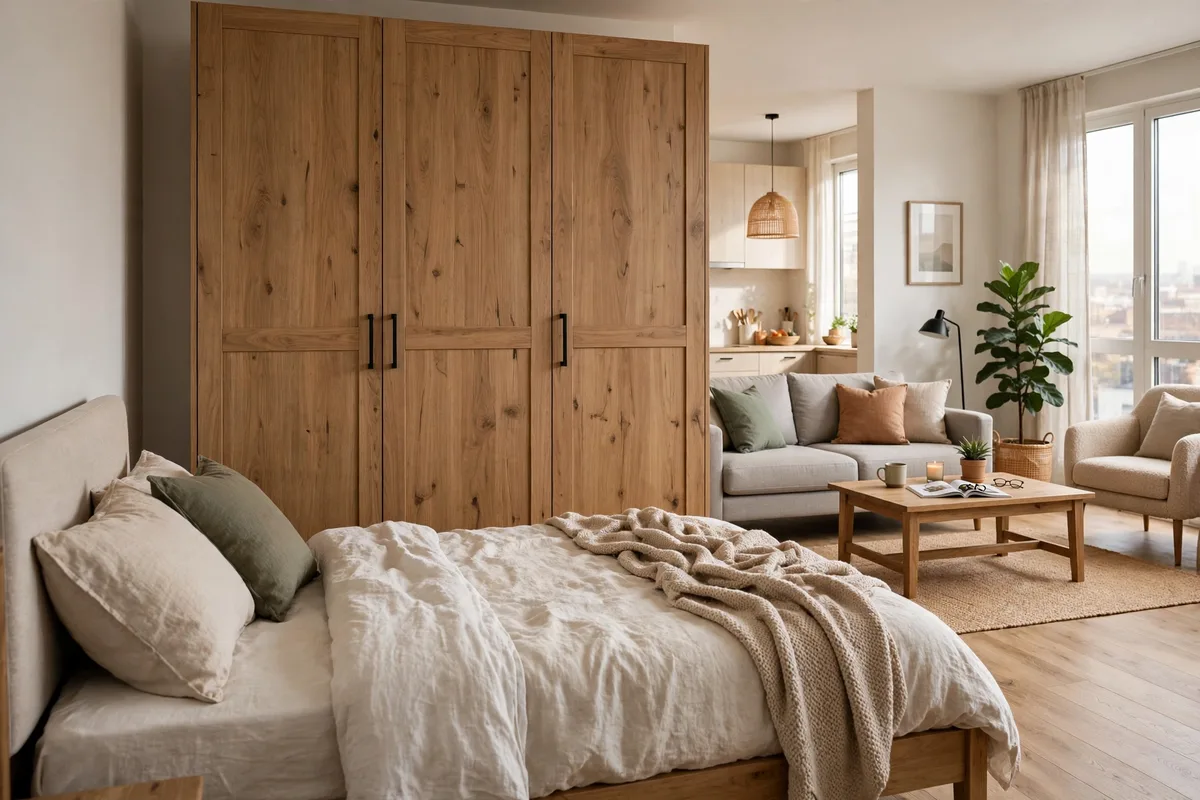 Tall wardrobe placed perpendicular as a solid divider beside a bed in a studio apartment