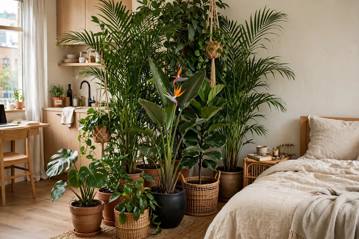 Row of tall indoor plants forming a living divider beside a bed in a studio apartment