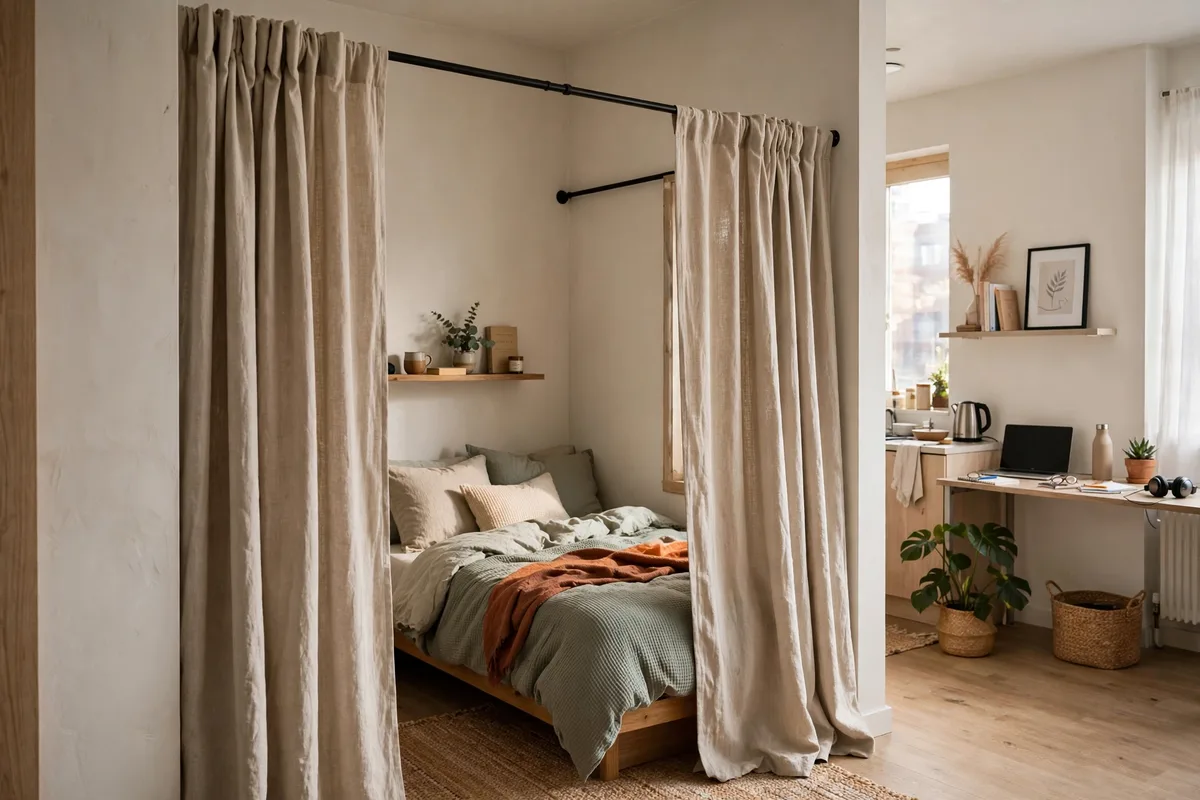 Tension rod with curtains creating a private bed zone in a studio apartment