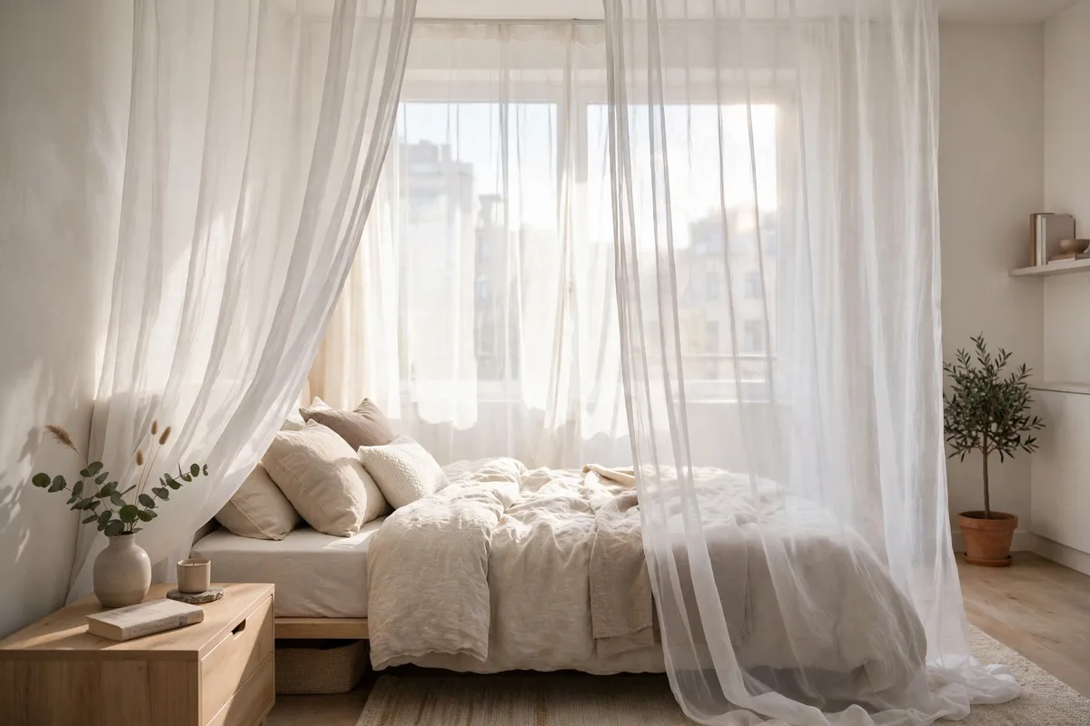 Sheer white curtains softly dividing a bed nook in a bright studio apartment