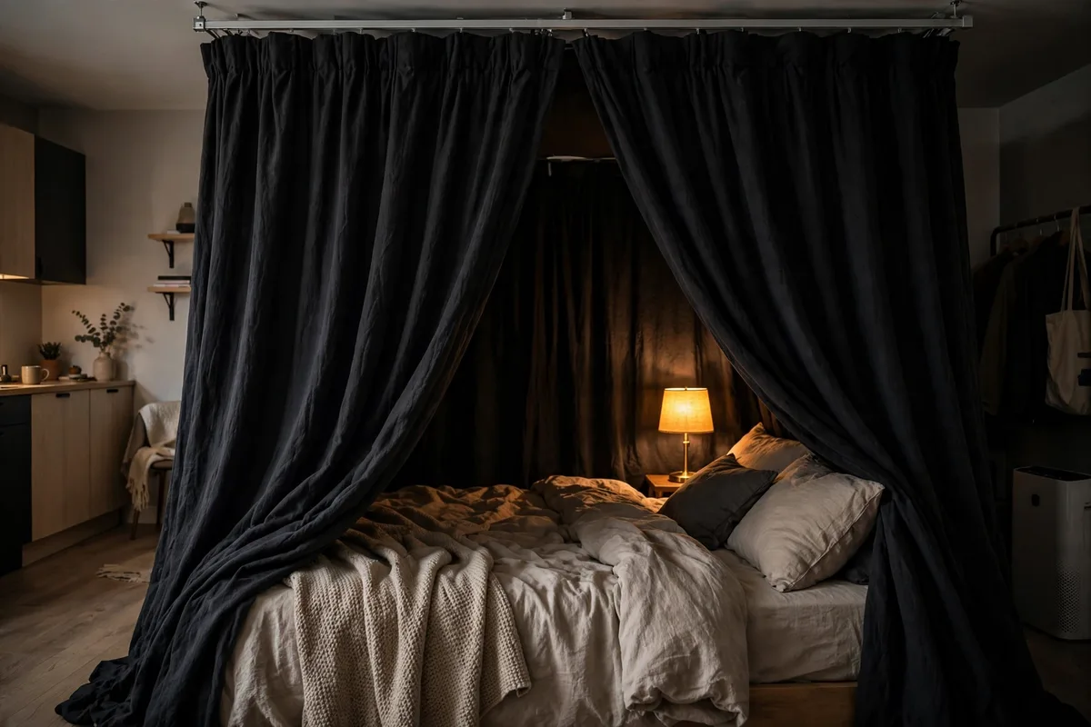 Blackout curtains creating a dark cozy sleep nook around a bed in a studio apartment