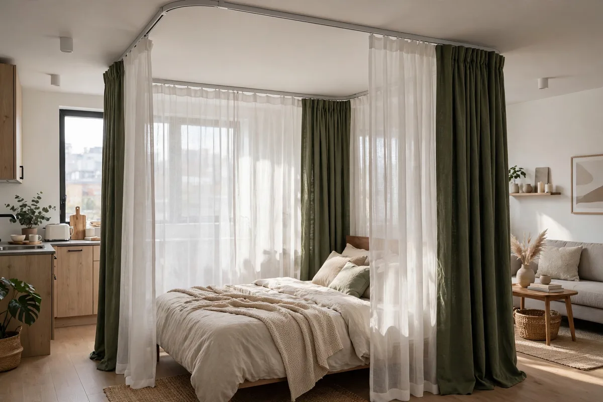 Double-track curtains with sheer and blackout layers around a studio bed zone