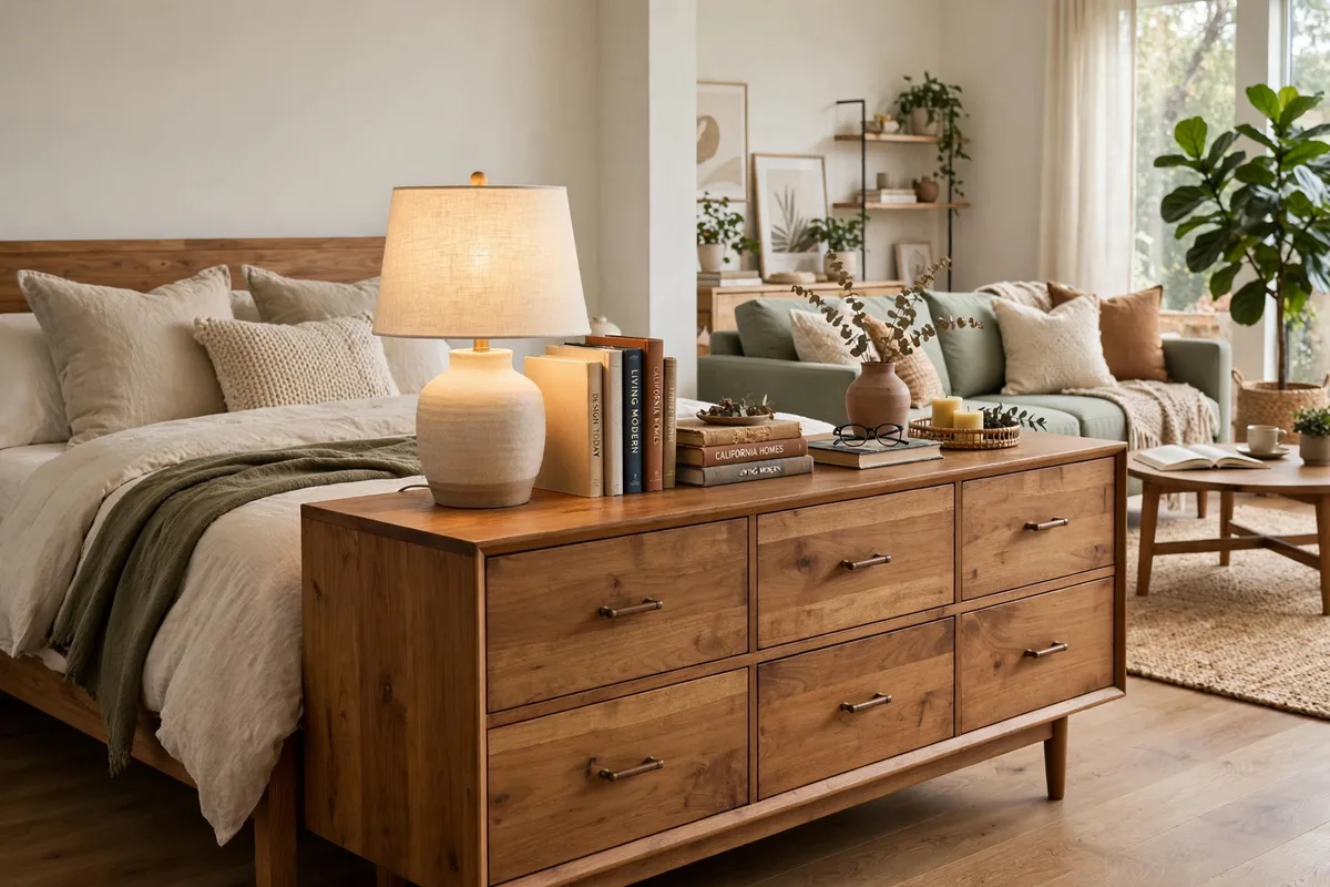 Low wide dresser dividing a bed zone from a living area in a studio apartment