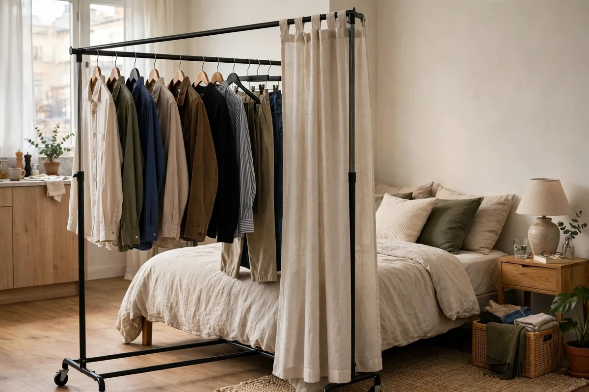 Open clothing rack with a curtain hiding clothes beside a bed in a studio apartment