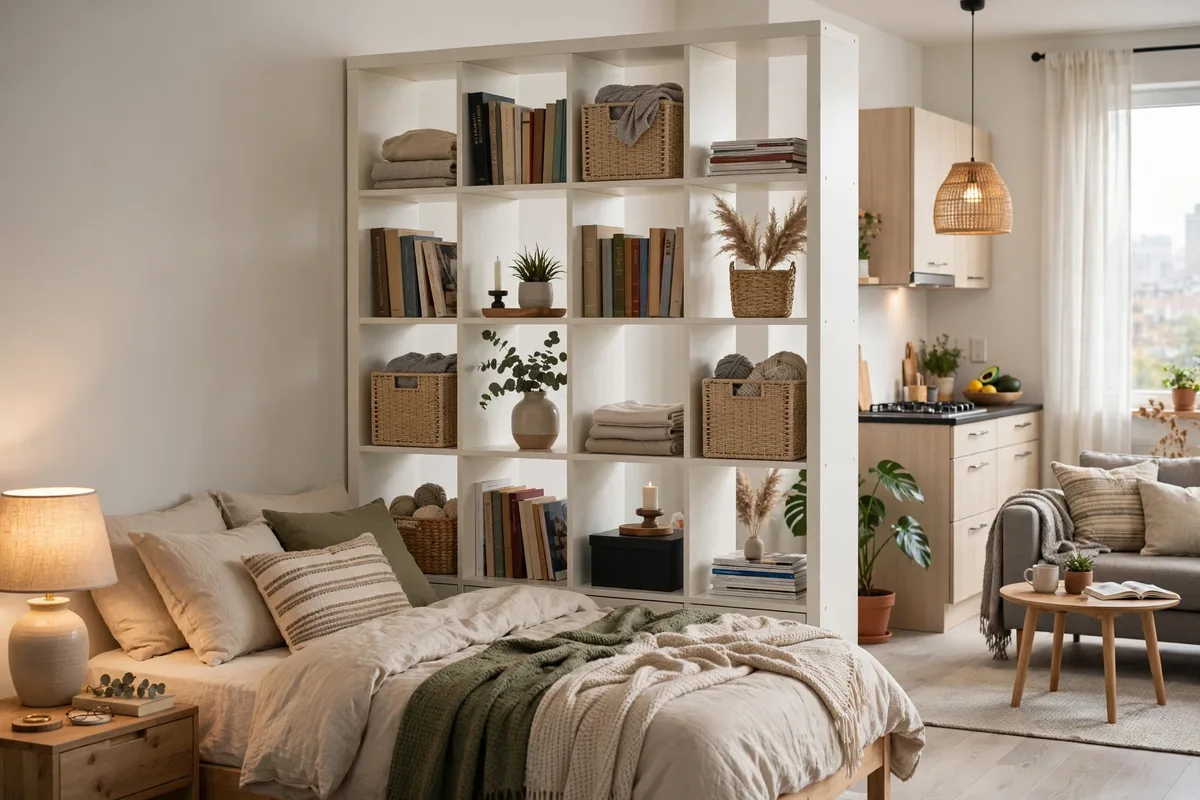 Two IKEA KALLAX cube shelves forming a half-wall divider by a bed in a studio
