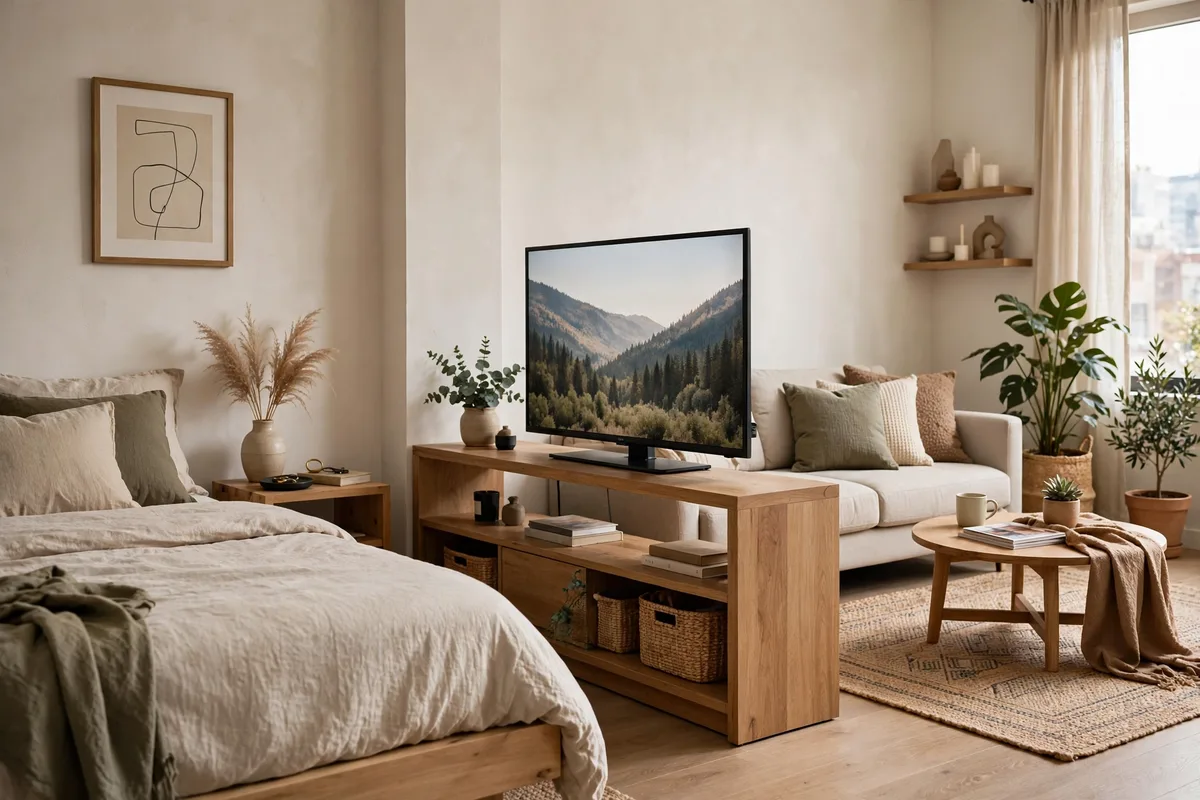 Low TV console dividing a bed zone from a living room area in a studio apartment