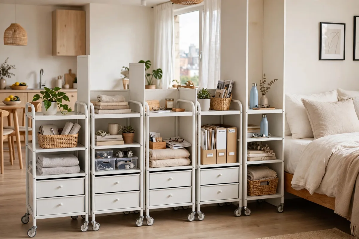 Rolling kitchen carts lined up as a movable divider beside a bed in a studio apartment