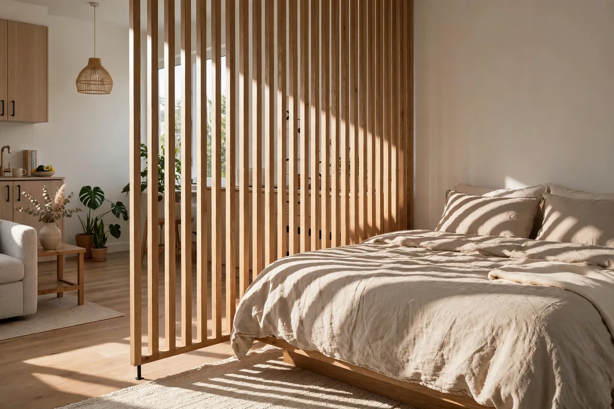 Freestanding vertical wood slat panel divider beside a bed in a studio apartment