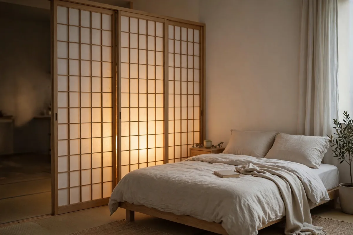 Japanese shoji screen glowing behind a lamp beside a bed in a studio apartment