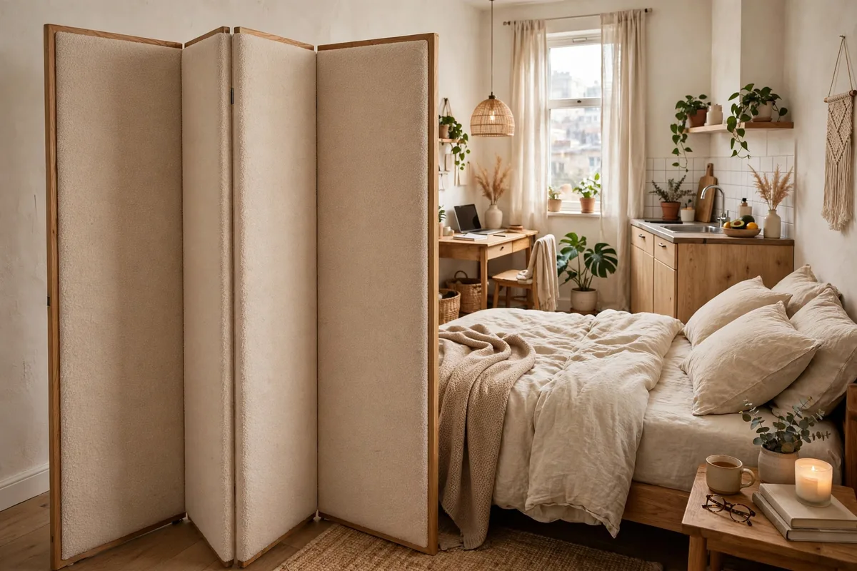 Upholstered fabric folding screen adding softness beside a bed in a studio apartment