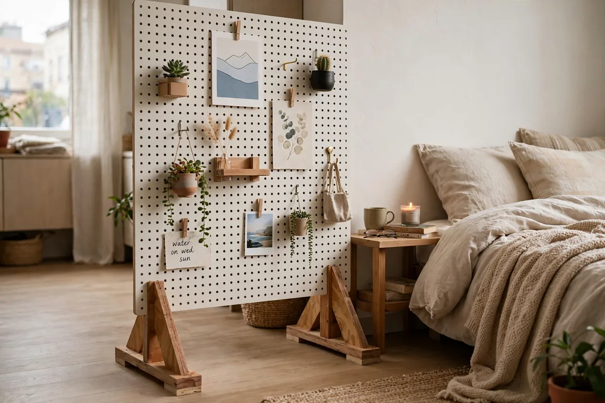 DIY pegboard panel divider with plants and art beside a bed in a studio apartment