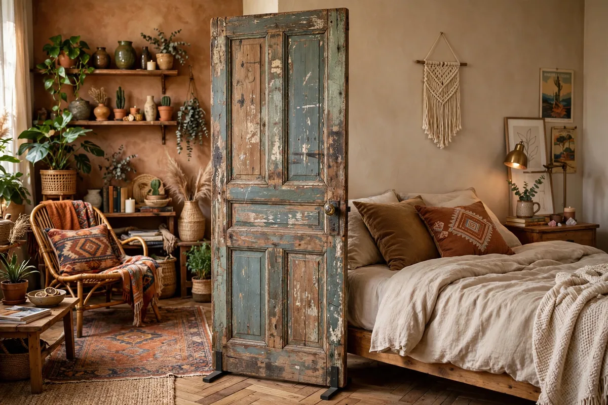 Vintage reclaimed door used as a character divider beside a bed in a studio apartment