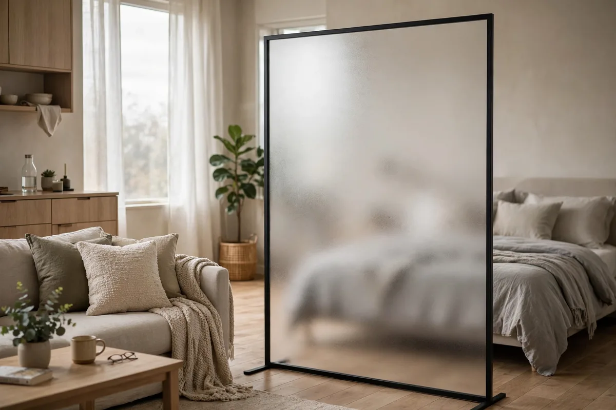 Frosted window film applied to a clear panel divider beside a bed in a studio apartment