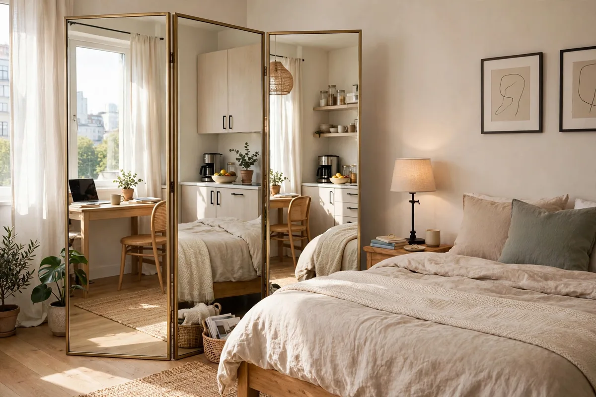 Mirrored folding screen reflecting light beside a bed in a studio apartment
