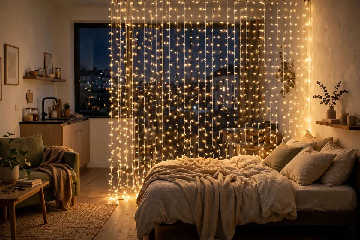 Warm fairy light curtain strands marking a bed zone boundary in a studio apartment at night