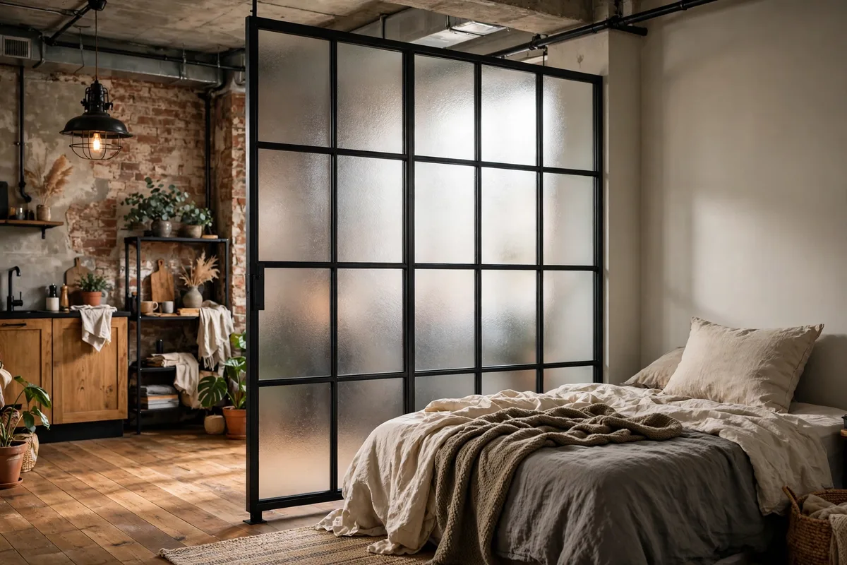 Freestanding frosted window-frame partition dividing a bed zone in a studio apartment