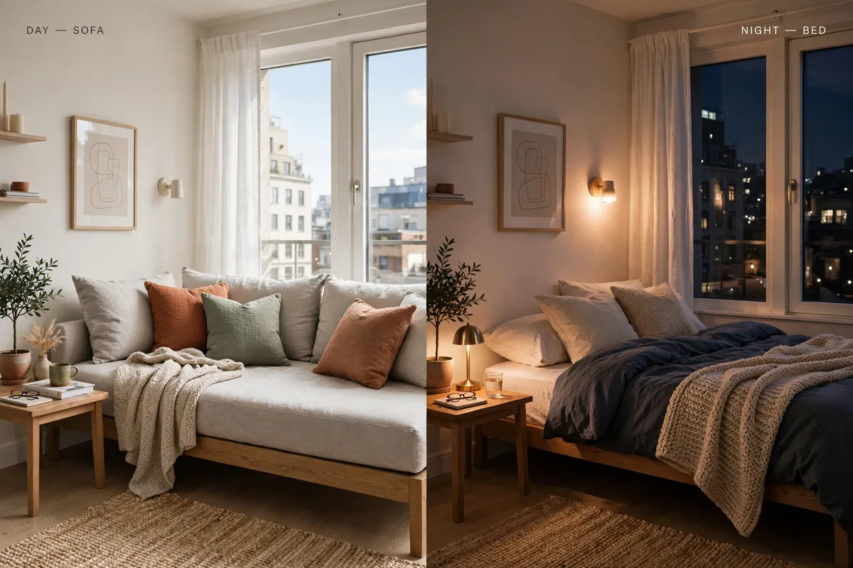 Daybed styled as a sofa with throw pillows in a small studio apartment